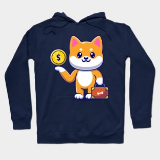 Cute Shiba Inu Dog With Gold Coin And Suitcase Cartoon Hoodie